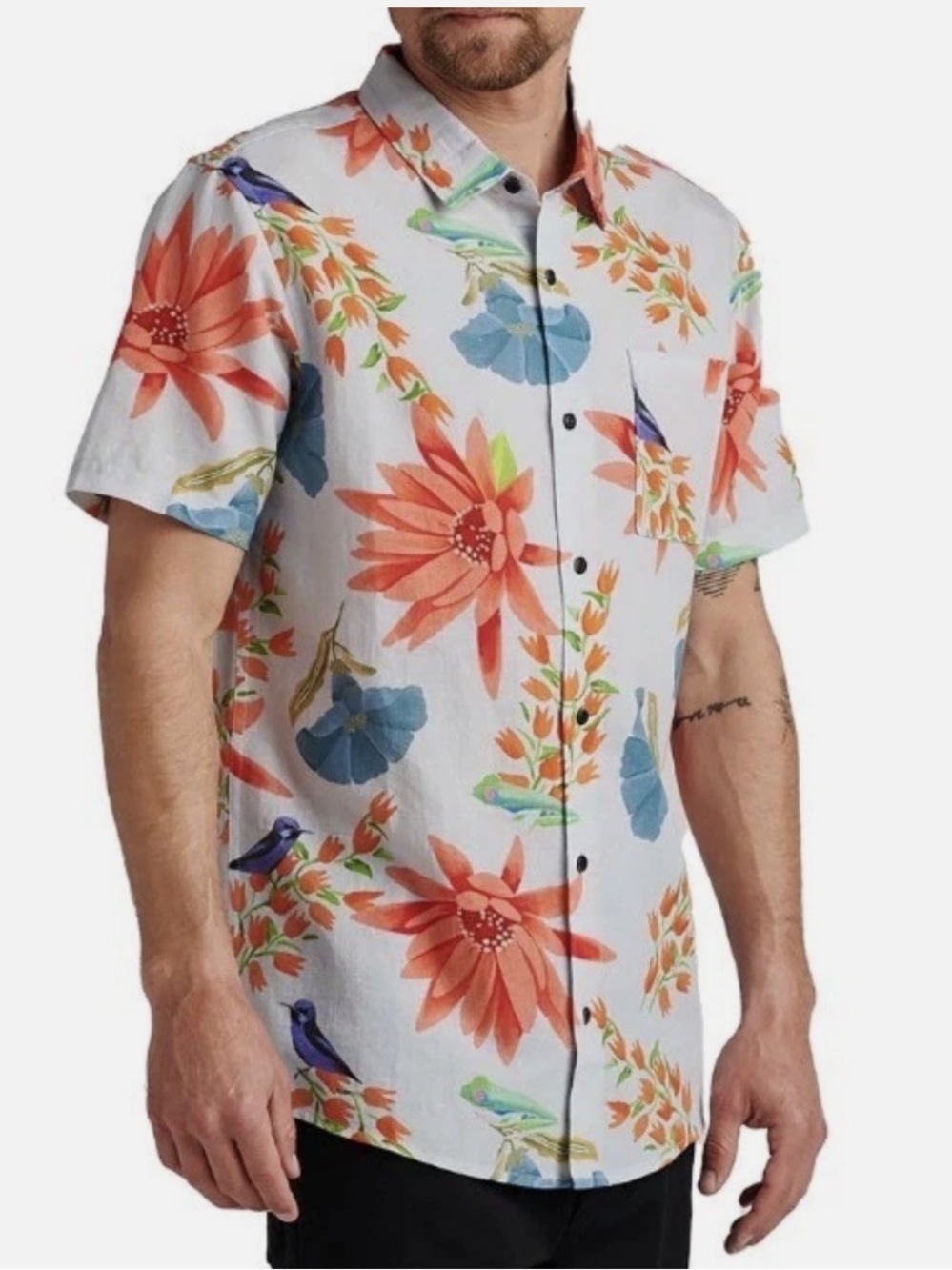 Roark Men’s Sierra Madre Journey Shirt Hawaiian Cotton Linen Floral Frog Medium